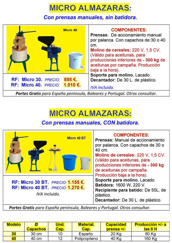 маслобойка MICRO ALMAZARAS con Prensas Manuales Modelos con capachos de 3